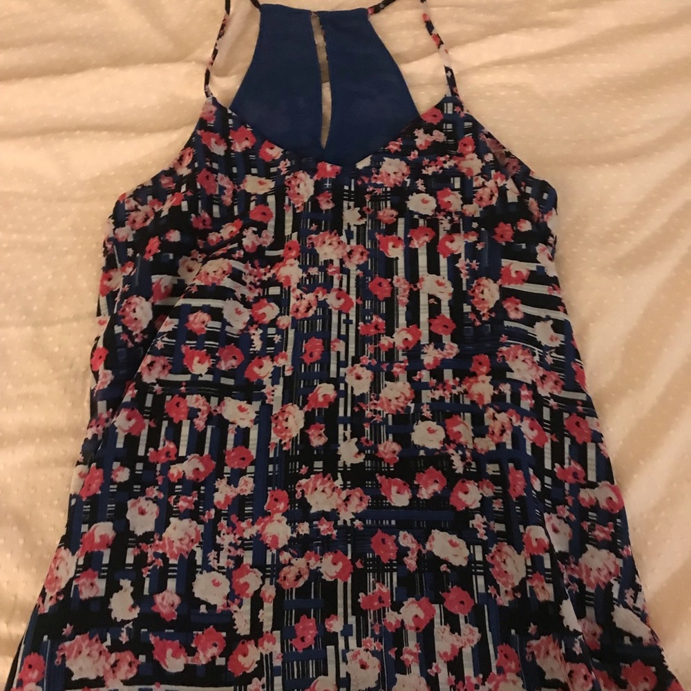 Navy blue pink floral tank top / business casual suit top